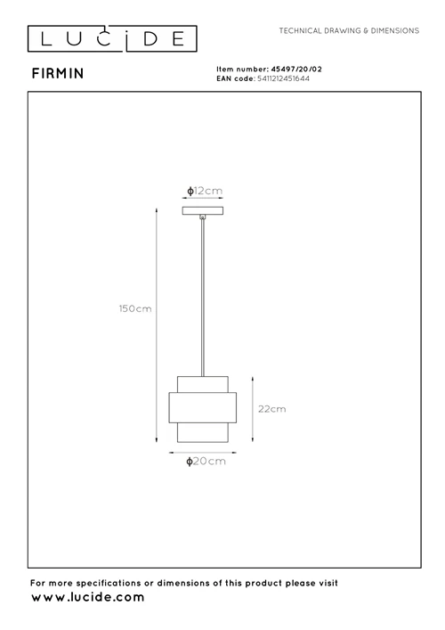 Lucide FIRMIN - Pendant light - Ø 20 cm - 1xE27 - Matt Gold / Brass - technical